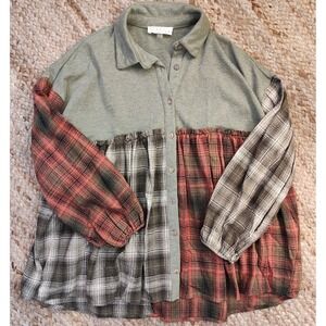 Berry N Cream Orange Gray Plaid Babydoll Long Sleeve Tunic Women's Size Small